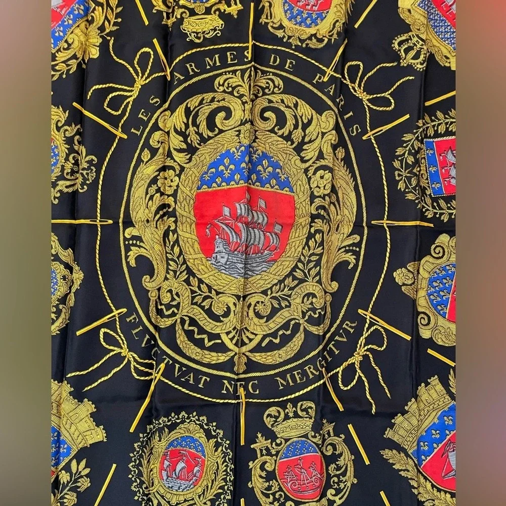 Hermes Les Armes de Paris Silk Scarf Womens Black Gold Coat of Arms Authentic